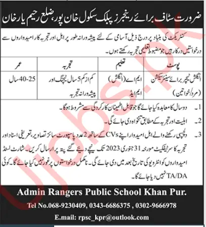Pakistan Ranger Public School Khanpur Teaching Jobs 2023 For Teacher