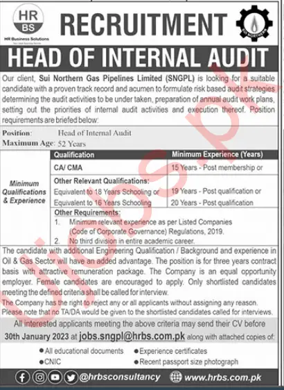 Sui Northern Gas Pipelines Limited SNGPL Jobs 2023 for Head Of Internal Audit