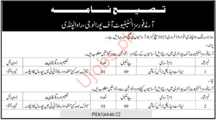 Armed Forces Institute of Urology AFIU Jobs 2023 - Official Advertisements