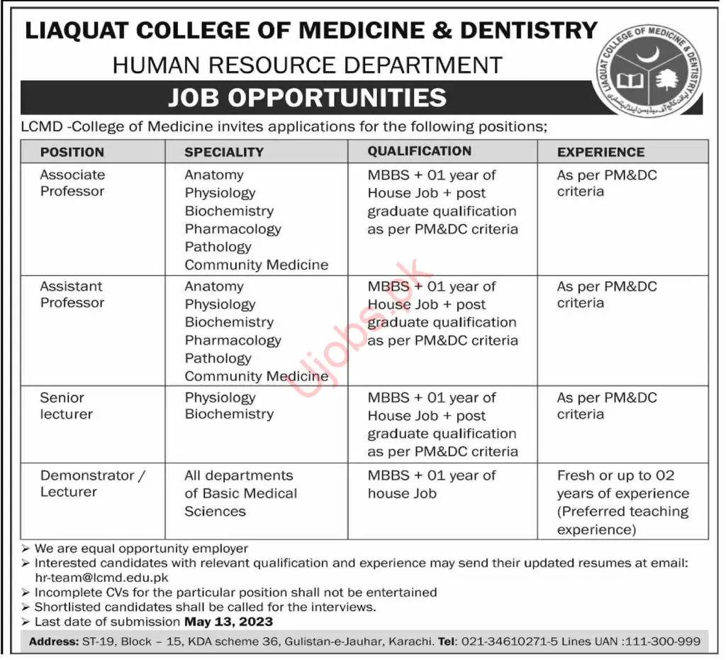Liaquat College of Medicine and Dentistry Jobs 2023 - Official Advertisements