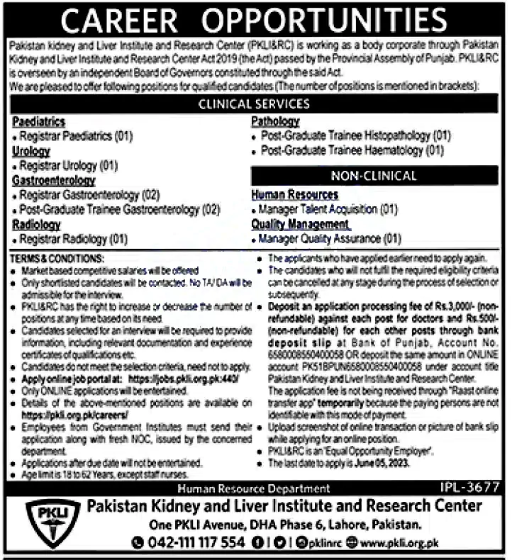 PKLI Jobs May 2023 - Pakistan Kidney and Liver Institute