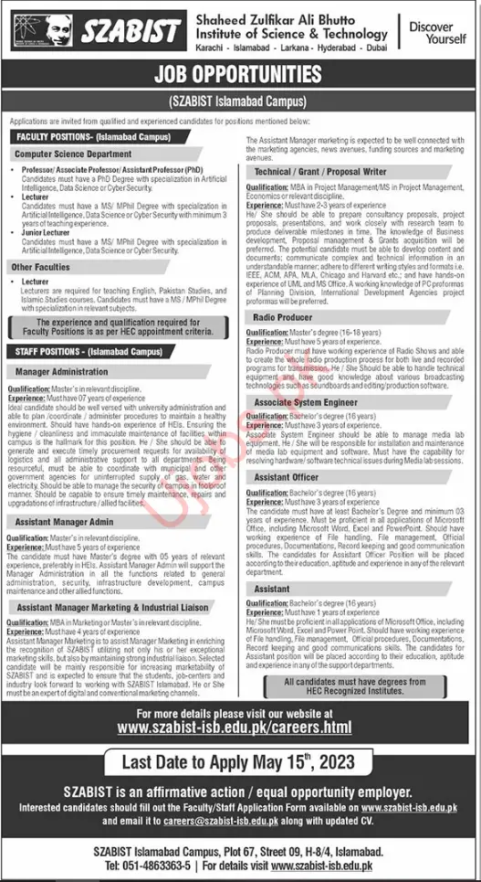 SZABIST Islamabad Jobs May 2023