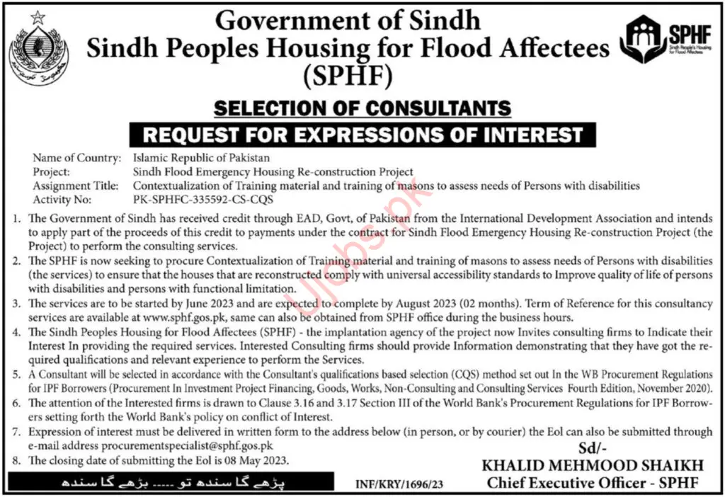 Sindh Peoples Housing for Flood Affectees SPHF Jobs May 2023