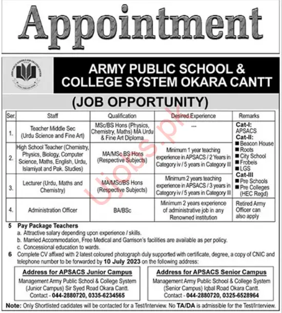 Army Public School & College System Okara Jobs 2023