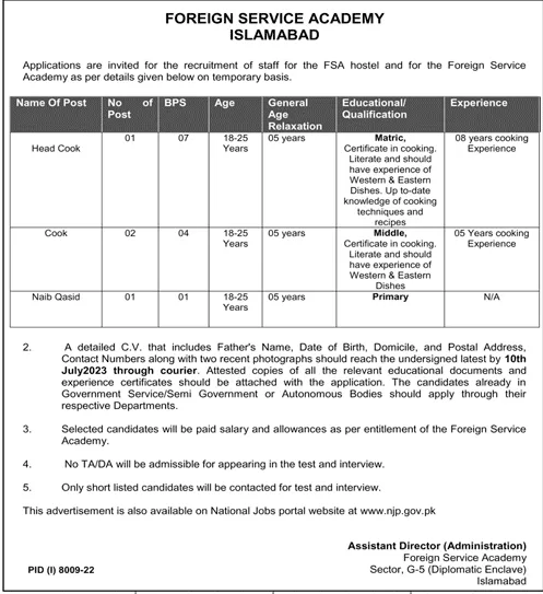 Foreign Service Academy (FSA) Islamabad Jobs 2023 Advertisements